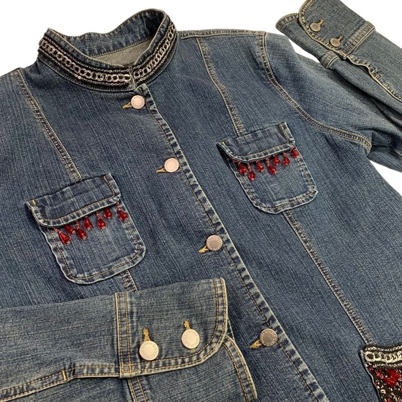 Denim Jacket Red & Black Floral w/Beaded Chain Trim Boho Banana Republic Large - Picture 7 of 14
